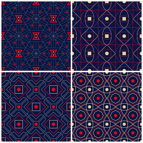 Sorunsuz arka planlar. Mavi klasik bej ve kırmızı duvar kağıtları, Tekstil ve kumaş için geometrik desenlerle ayarlar