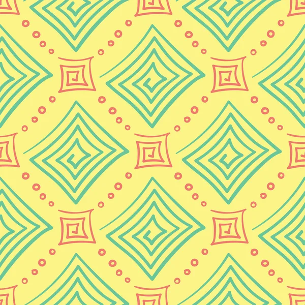Geometrik şekilli elemanları ile sorunsuz arka plan. Parlak sarı arka plan duvar kağıtları, Tekstil ve kumaş için pembe ve yeşil tasarım ile