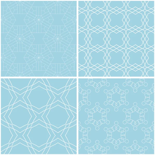 Geometrik desenler. Mavi ve beyaz sorunsuz arka planlar kümesi. Vektör çizim