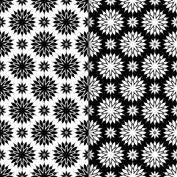 Siyah ve beyaz çiçekli süsler. Tekstil ve duvar kağıtları için sorunsuz arka planlar kümesi