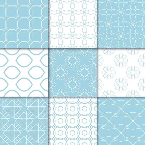 Mavi ve beyaz geometrik süsler. Web, Tekstil ve duvar kağıtları için dikişsiz desen koleksiyonu