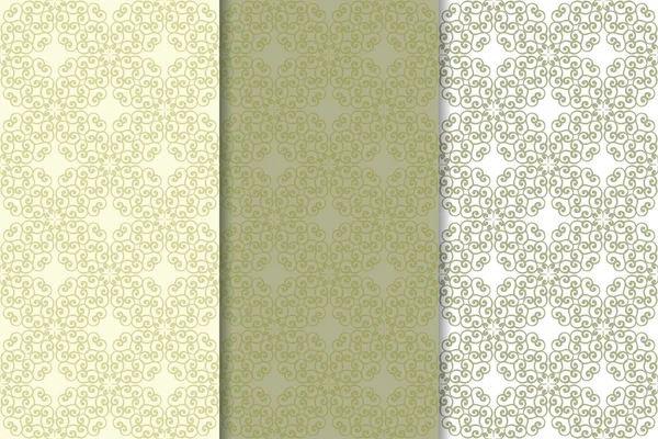 Zeytin yeşili ve beyaz çiçek arka planlar. Tekstil ve duvar kağıtları için dikişsiz desen seti