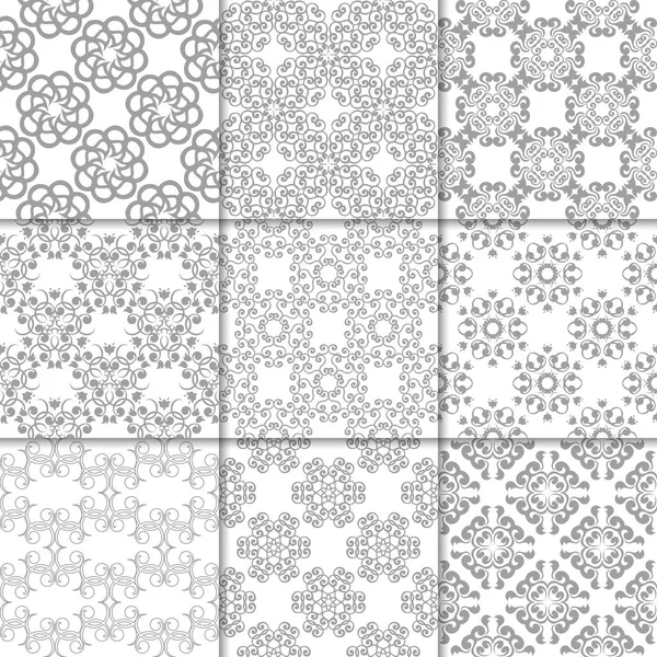 Gray White Floral Ornaments Collection Neutral Seamless Patterns Paper Textile — Stock Vector