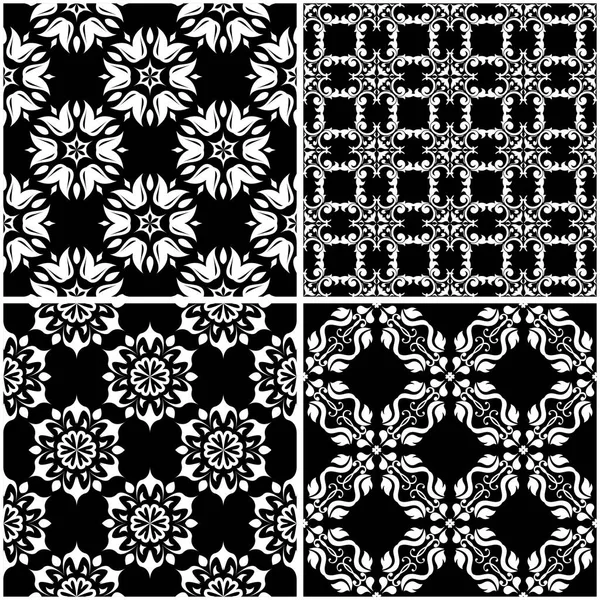 Patrones Florales Set Fondos Monocromáticos Blanco Negro Sin Costuras Ilustración — Vector de stock