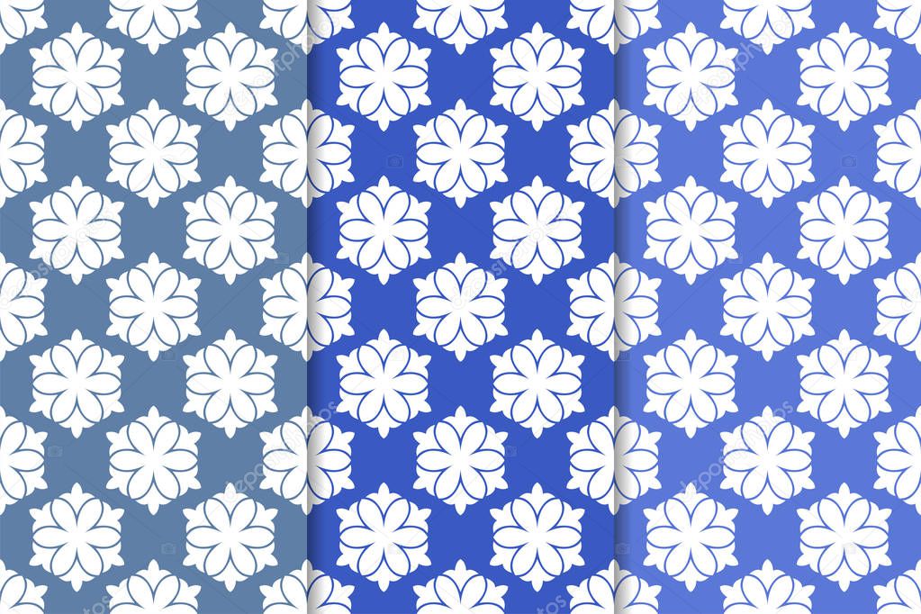 Blue floral ornaments. Set of vertical seamless patterns. Wallpaper backgrounds