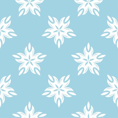 Mavi zemin üzerine beyaz çiçek süsleme. Tekstil ve duvar kağıtları için seamless modeli