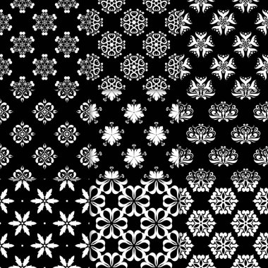 Siyah ve beyaz çiçekli süsler. Koleksiyon için kağıt, tek renkli Dikişsiz desen Tekstil