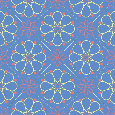 Çiçek seamless modeli. Duvar kağıtları, Tekstil ve kumaş için mavi arka plan üzerinde kırmızı ve sarı çiçek öğeleri