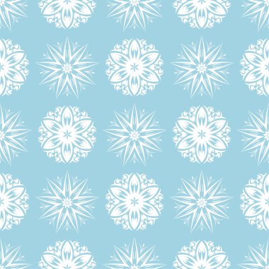 Mavi zemin üzerine beyaz çiçek süsleme. Tekstil ve duvar kağıtları için seamless modeli