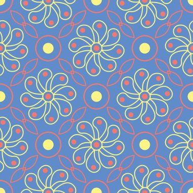 Çiçek seamless modeli. Duvar kağıtları, Tekstil ve kumaş için mavi arka plan üzerinde kırmızı ve sarı çiçek öğeleri