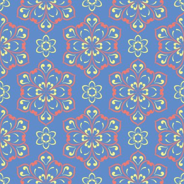 Çiçek seamless modeli. Duvar kağıtları, Tekstil ve kumaş için mavi arka plan üzerinde kırmızı ve sarı çiçek öğeleri