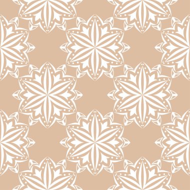 Bej renkli arka plan üzerinde beyaz çiçek süsleme. Tekstil ve duvar kağıtları için seamless modeli