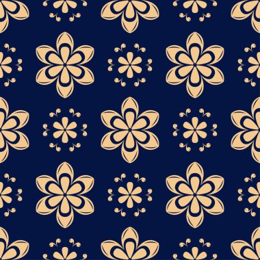 Koyu mavi zemin üzerine altın çiçek süsleme. Tekstil ve duvar kağıtları için seamless modeli