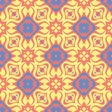 Çiçek tasarım seamless modeli. Duvar kağıtları ve Tekstil için somon kırmızı zemin üzerine parlak sarı ve mavi çiçek öğeleri