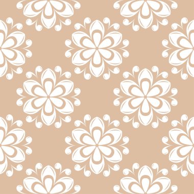 Bej renkli arka plan üzerinde beyaz çiçek süsleme. Tekstil ve duvar kağıtları için seamless modeli