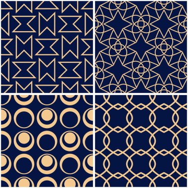 Geometrik desenler. Altın mavi sorunsuz arka planlar kümesi. Vektör çizim