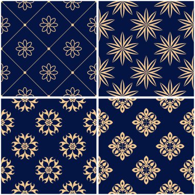 Çiçek desenleri. Altın mavi sorunsuz arka planlar kümesi. Vektör illustraton