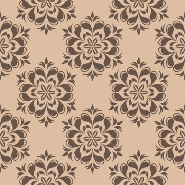 Bej renkli arka plan üzerinde kahverengi çiçek süsleme. Tekstil ve duvar kağıtları için seamless modeli
