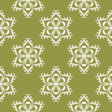 Zeytin yeşil zemin üzerine beyaz çiçekler. Tekstil ve duvar kağıtları için süs seamless modeli