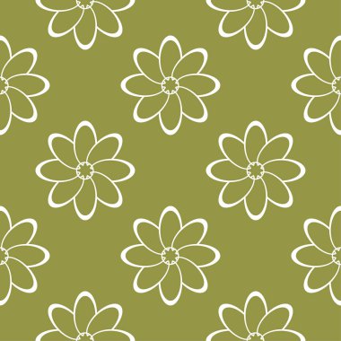 Zeytin yeşil zemin üzerine beyaz çiçek süsleme. Tekstil ve duvar kağıtları için seamless modeli