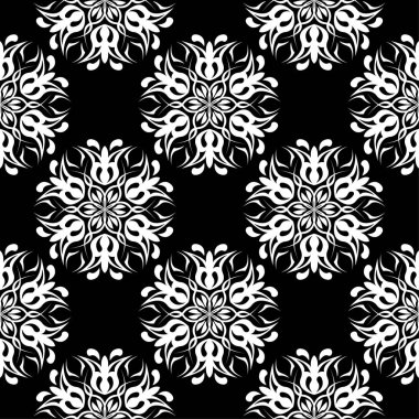 Siyah arka plan üzerine beyaz çiçek süsleme. Tekstil ve duvar kağıtları için seamless modeli