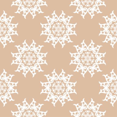 Bej renkli arka plan üzerinde beyaz çiçek süsleme. Tekstil ve duvar kağıtları için seamless modeli
