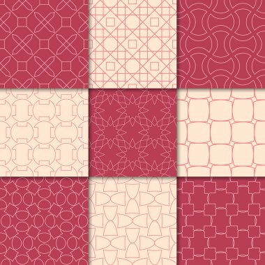 Kiraz kırmızı ve bej geometrik süsler. Web, Tekstil ve duvar kağıtları için dikişsiz desen koleksiyonu