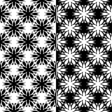 Siyah ve beyaz çiçek arka planlar. Tekstil ve duvar kağıtları için dikişsiz desen seti