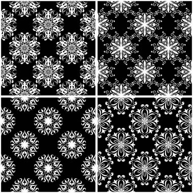 Çiçek desenleri. Siyah beyaz tek renkli kesintisiz arka planlar kümesi. Vektör çizim