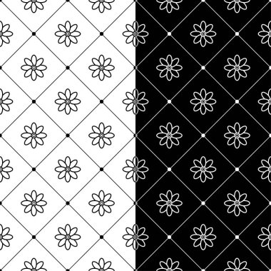 Siyah ve beyaz çiçek arka planlar. Tekstil ve duvar kağıtları için dikişsiz desen seti