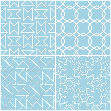 Geometrik desenler. Mavi ve beyaz sorunsuz arka planlar kümesi. Vektör çizim