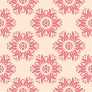 Bej renkli arka plan üzerinde kırmızı çiçekli süs. Tekstil ve duvar kağıtları için seamless modeli