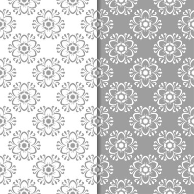 Beyaz ve gri çiçek süs tasarımlar. Tekstil ve duvar kağıtları için dikişsiz desen seti