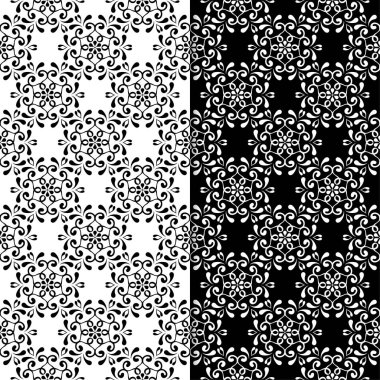 Siyah ve beyaz çiçek arka planlar. Tekstil ve duvar kağıtları için dikişsiz desen seti