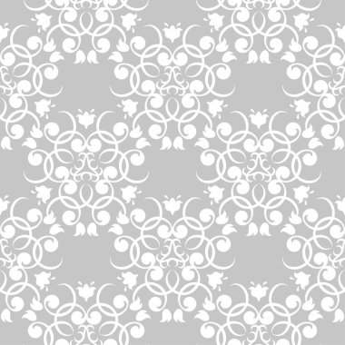 Gri arka plan üzerinde beyaz çiçek tasarım. Tekstil ve duvar kağıtları için seamless modeli