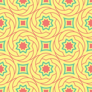 Geometrik şekilli elemanları ile sorunsuz arka plan. Parlak sarı arka plan duvar kağıtları, Tekstil ve kumaş için pembe ve yeşil tasarım ile