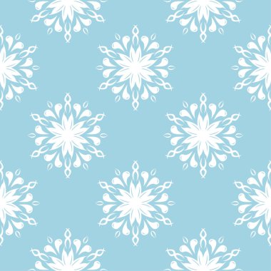 Mavi zemin üzerine beyaz çiçek süsleme. Tekstil ve duvar kağıtları için seamless modeli