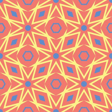Geometrik kırmızı turuncu seamless modeli. Parlak arka plan duvar kağıtları, Tekstil ve kumaş için mavi ve sarı tasarımı ile