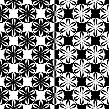Siyah ve beyaz çiçek arka planlar. Tekstil ve duvar kağıtları için sorunsuz tasarım kümesi