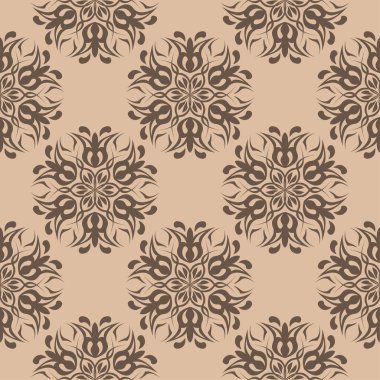 Bej renkli arka plan üzerinde kahverengi çiçek süsleme. Tekstil ve duvar kağıtları için seamless modeli