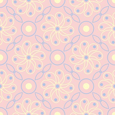 Çiçek soluk pembe sorunsuz bir arka plan. Çiçek desenli duvar kağıtları, Tekstil ve kumaş için ışık mavi ve sarı öğeler