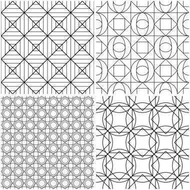 Geometrik desenler. Siyah beyaz tek renkli kesintisiz arka planlar kümesi. Vektör çizim