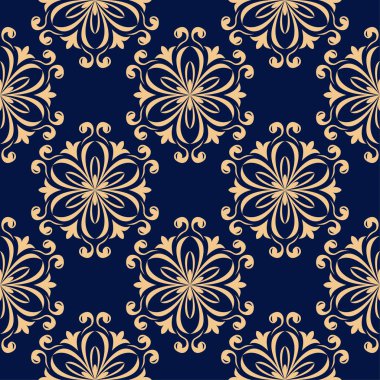 Koyu mavi zemin üzerine altın çiçek tasarım. Tekstil ve duvar kağıtları için seamless modeli