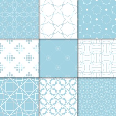 Mavi ve beyaz geometrik süsler. Web, Tekstil ve duvar kağıtları için dikişsiz desen koleksiyonu