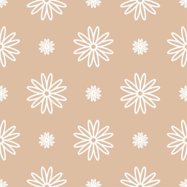 Bej renkli arka plan üzerinde beyaz çiçek süsleme. Tekstil ve duvar kağıtları için seamless modeli