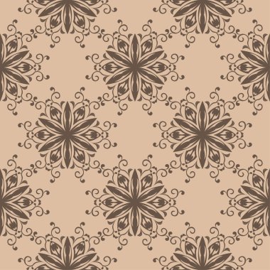 Kahverengi ve bej çiçekli süs. Tekstil ve duvar kağıtları için seamless modeli