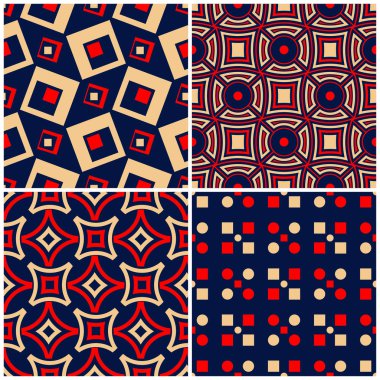 Sorunsuz arka planlar. Mavi klasik bej ve kırmızı duvar kağıtları, Tekstil ve kumaş için geometrik desenlerle ayarlar