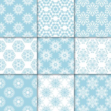 Mavi ve beyaz çiçekli süsler. Kağıt için dikişsiz desen koleksiyonu Tekstil