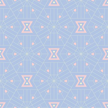 Geometrik desenli sorunsuz arka plan. Tekstil ve duvar kağıtları için mavi zemin üzerinde öğeleri pembe ve bej