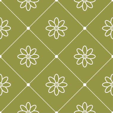 Zeytin yeşil zemin üzerine beyaz çiçek süsleme. Tekstil ve duvar kağıtları için seamless modeli